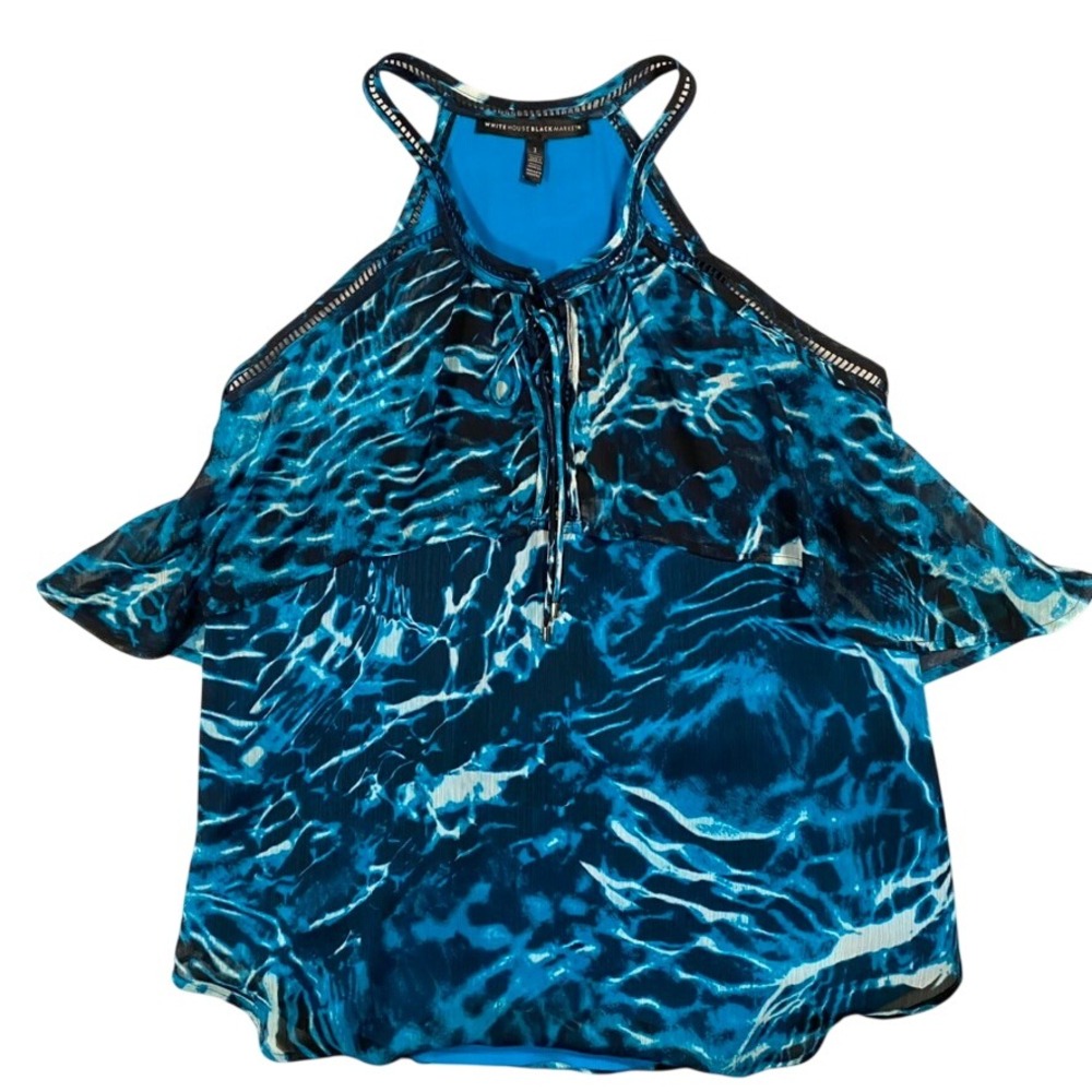 White House Black Market Blue Water Print Halter Top 2 Chiffon Coastal Mermaid